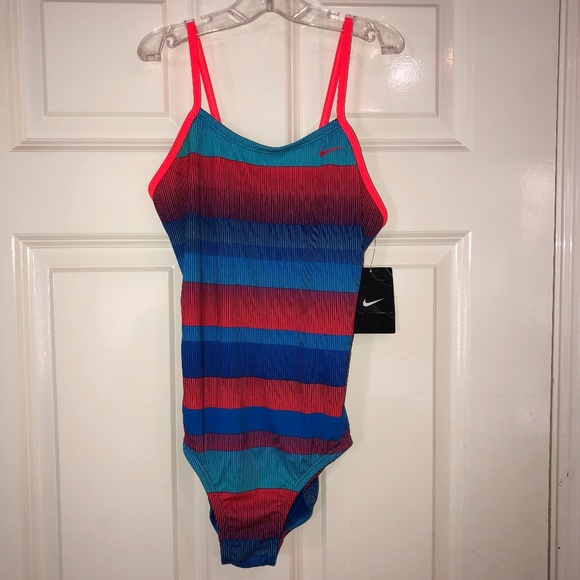 NEW! NIKE One Piece Girls Swimsuit Size 14 Blue/Red Athletic Swim Team Practice - Picture 1 of 7